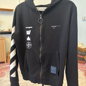 Off-White Black Zip Hoodie with White Graphics